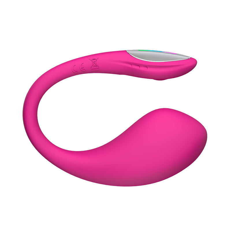 A pink, curved egg vibrator with a multicolor LED tail light.