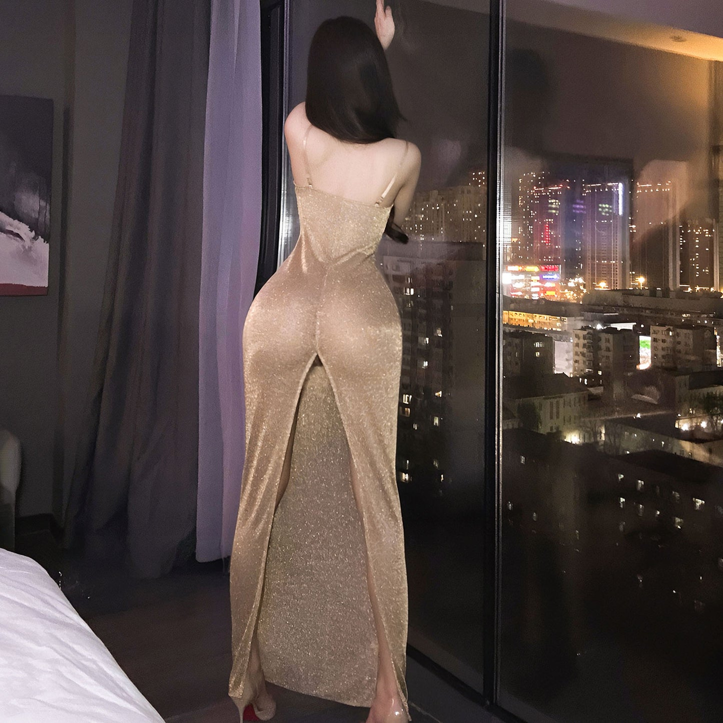 Fee Et Moi - Gold Shimmer Split Evening Lingerie Dress One Size