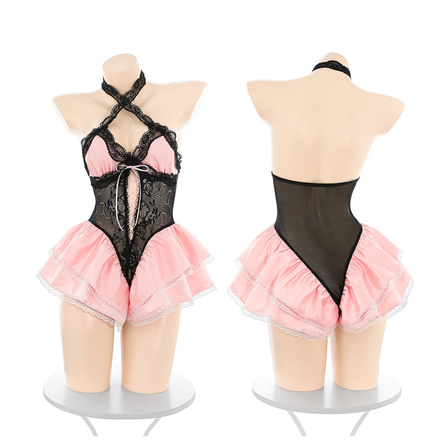 Fee Et Moi - Sheer Lace Bodysuit Skirt Set One Size
