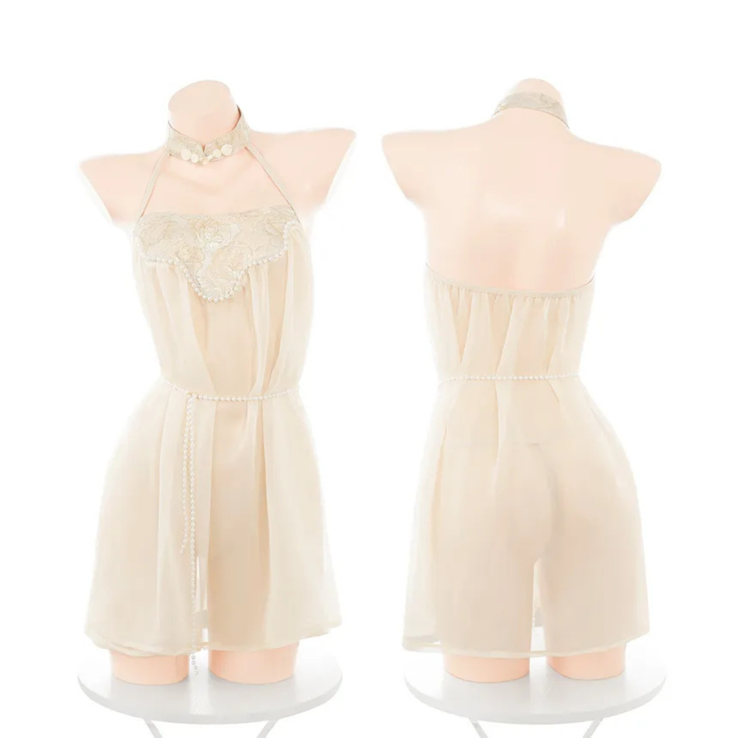 Fee Et Moi - Elegant Sheer Side-Slit Babydoll Dress with Waist Chain