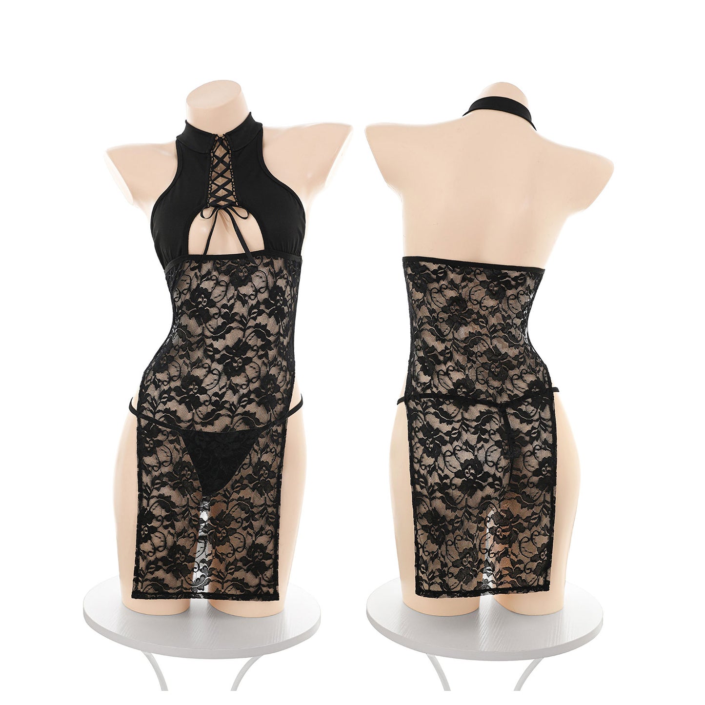 Fee Et Moi - High-Neck Lace Backless Cheongsam Dress