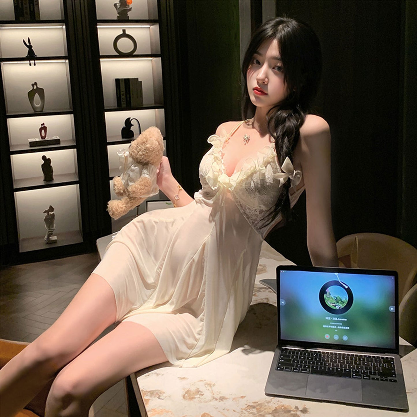 Fee Et Moi – Sheer Lace Ruffle Babydoll Nightdress