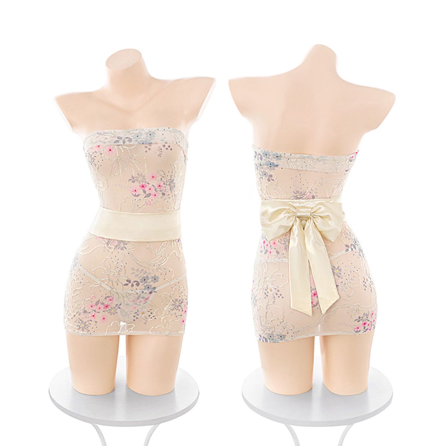 Fee et Moi - Floral Embroidered Mesh Kimono Tube Dress Yellow