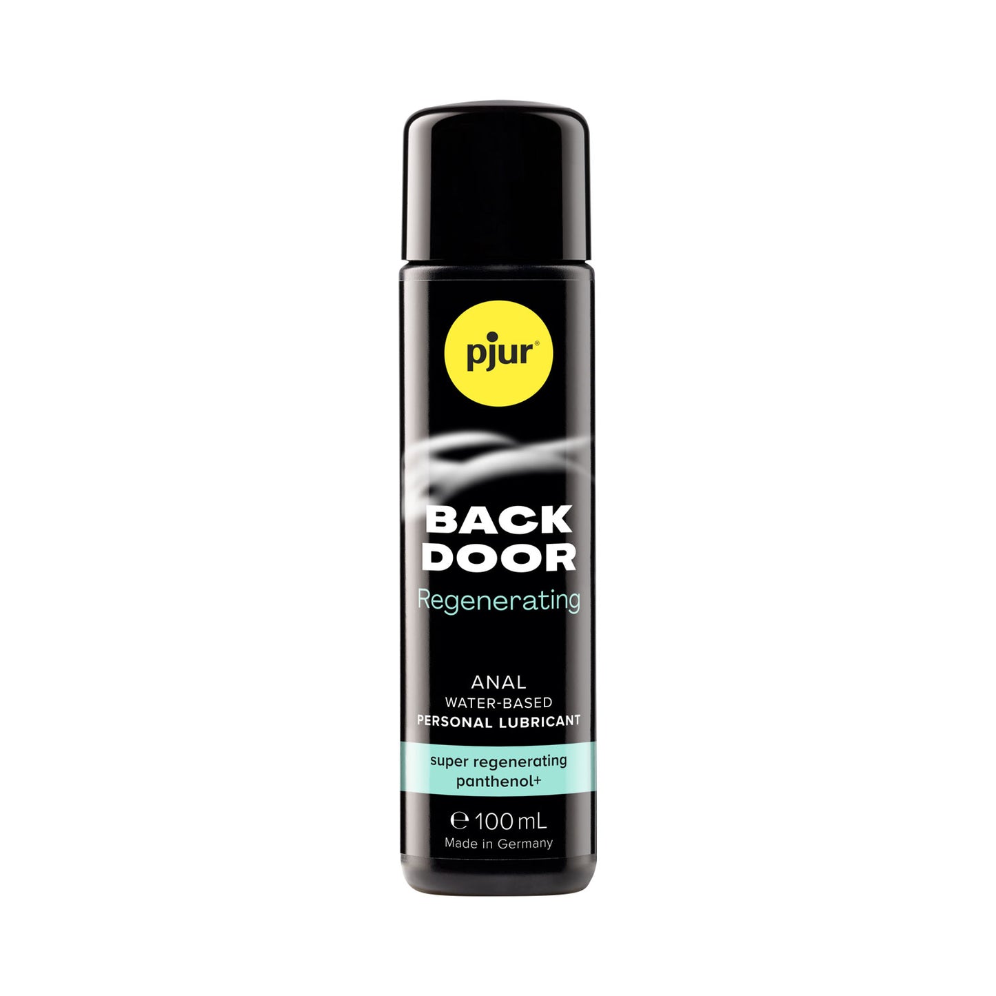 A black bottle of Pjur Back Door Super Regenerating personal lubricant with a label showing the product name and the fact that it is made in Germany. The bottle has a capacity of 100 ml.