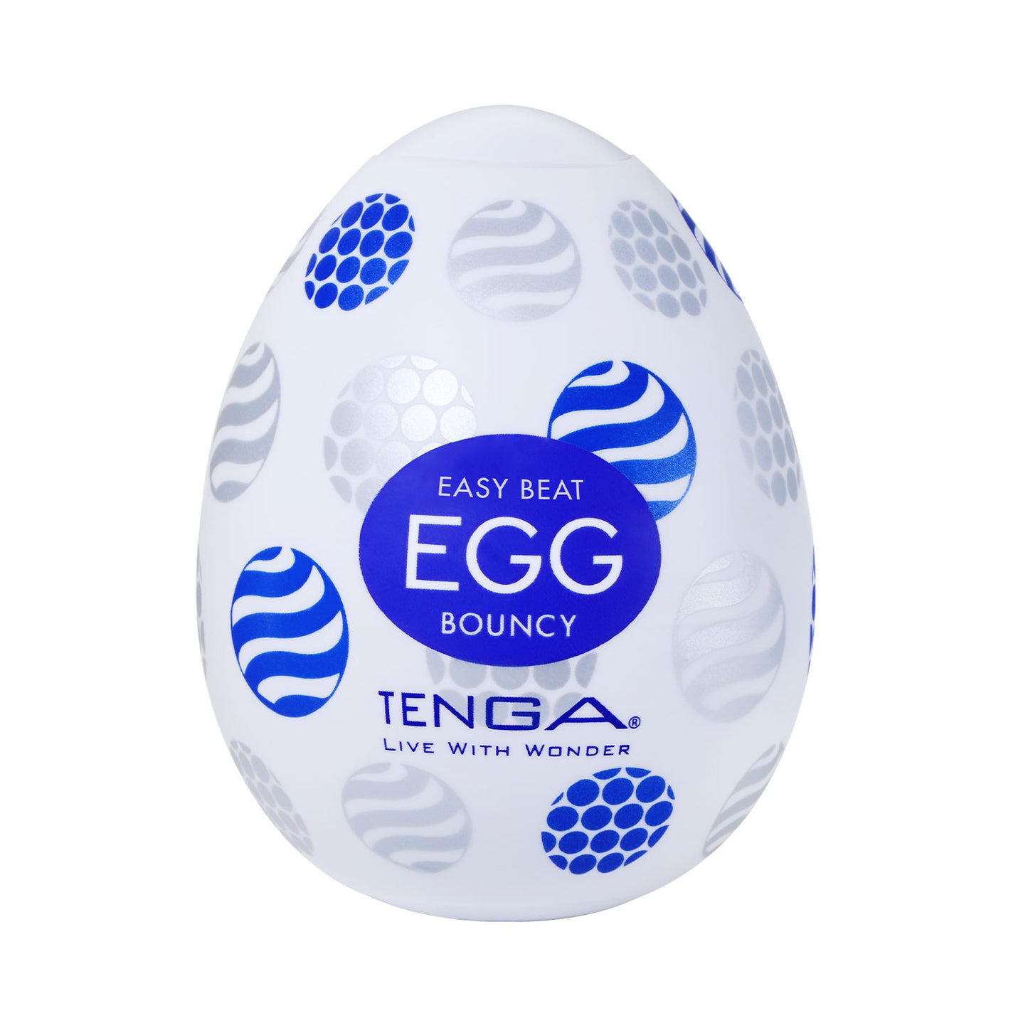 Tenga Egg Bouncy product with blue and white design on a white background