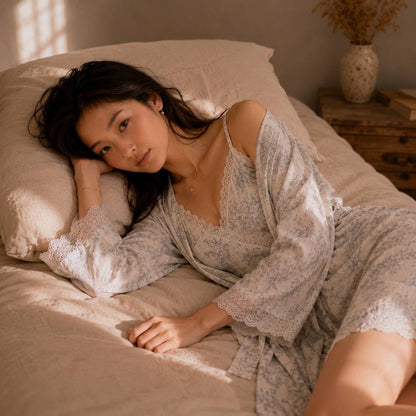 Aura Nightdress Set toile print — fluid nightdress with coordinating long-sleeve robe, seated on bed