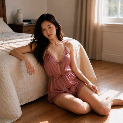 Muse Romper plum purple — seated on bed, close-up of lace neckline and bow tie detail