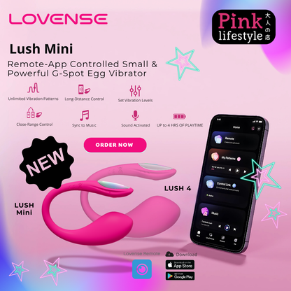 Advertisement for Lovense Lush Mini G-Spot vibrator with remote app control on a pink background.