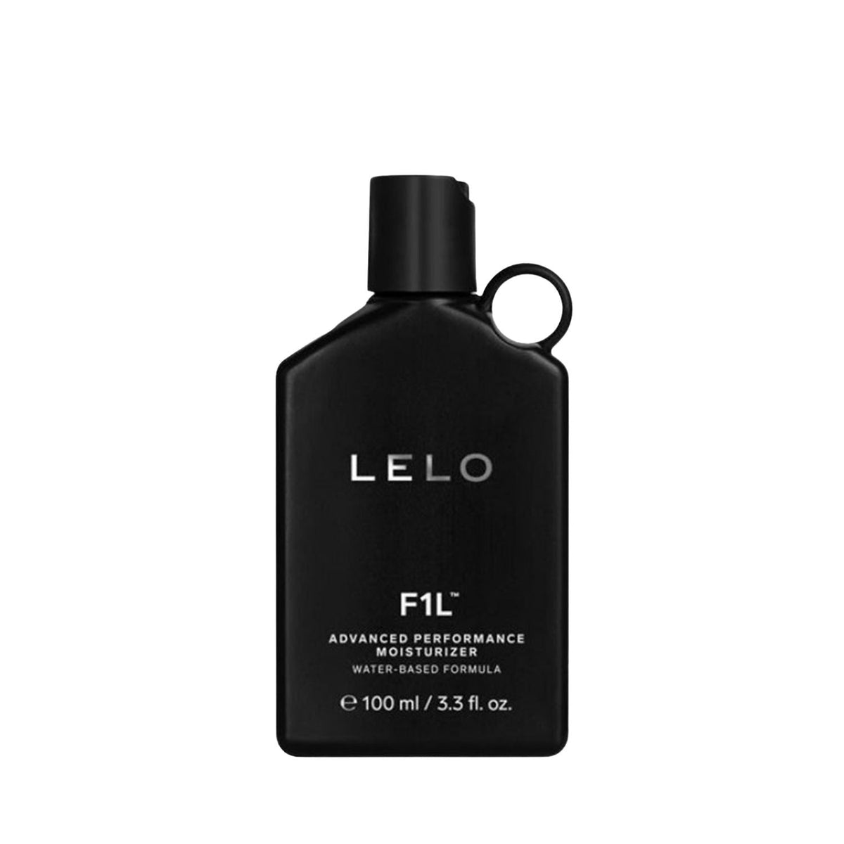 A matte black bottle of LELO F1L Advanced Performance Moisturizer, 100 ml, on a solid white background.