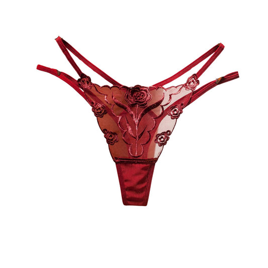 Letrista - Sexy Thong with Floral Embroidery Red Wine Large