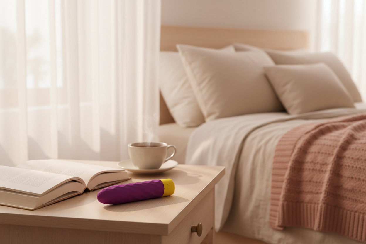 Cozy bedroom scene with ROMP Beat Vibrator | Pink Lifestyle