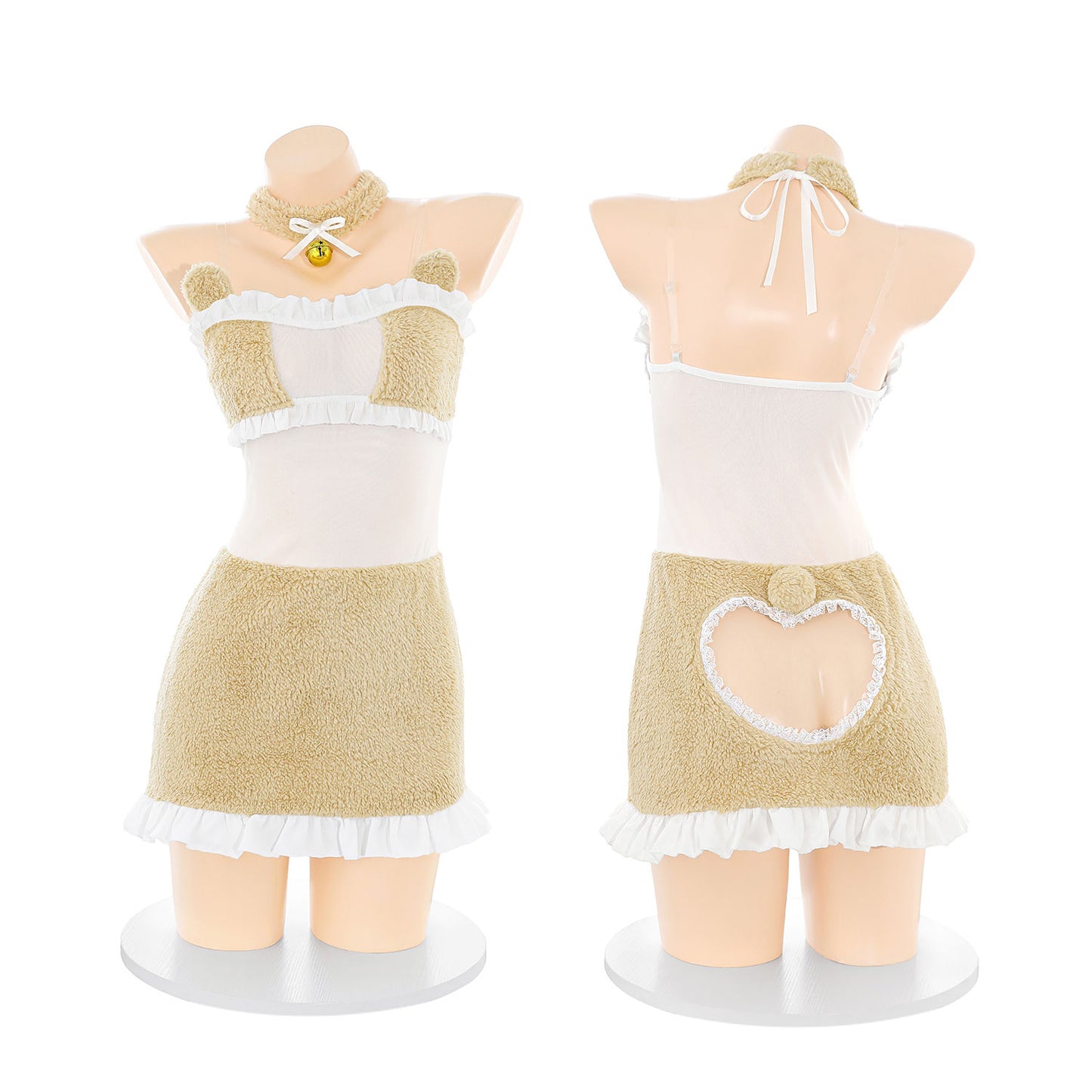 Fee Et Moi - Teddy Bear Heart Cut Mini Skirt Set Milk Coffee One Size