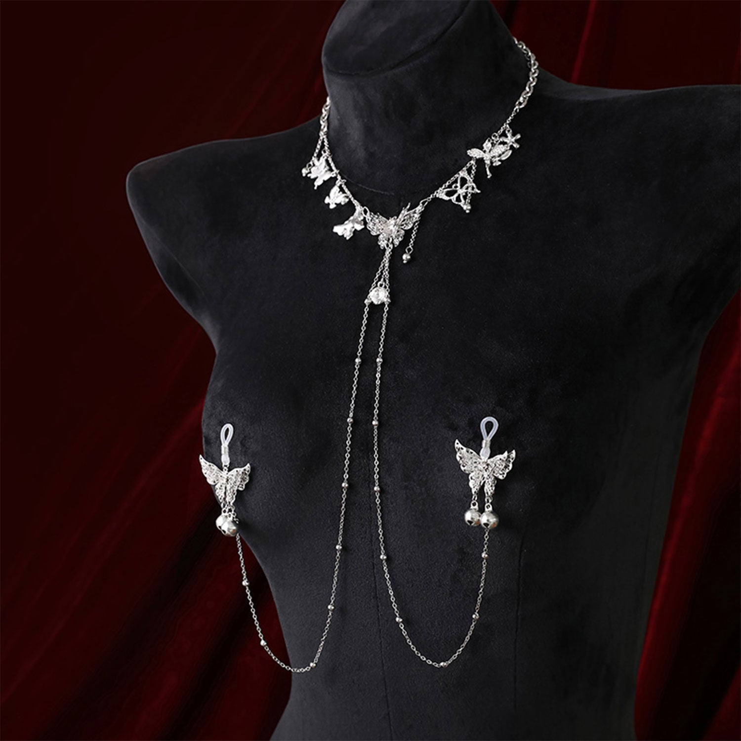 Fee Et Moi - Butterfly Charm Body Chain Choker with Nipple Clips