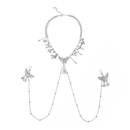 Fee Et Moi - Butterfly Charm Body Chain Choker with Nipple Clips