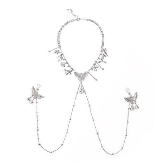 Fee Et Moi - Butterfly Charm Body Chain Choker with Nipple Clips