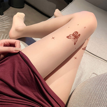 Fee Et Moi - Red Butterfly Print Stockings One Size