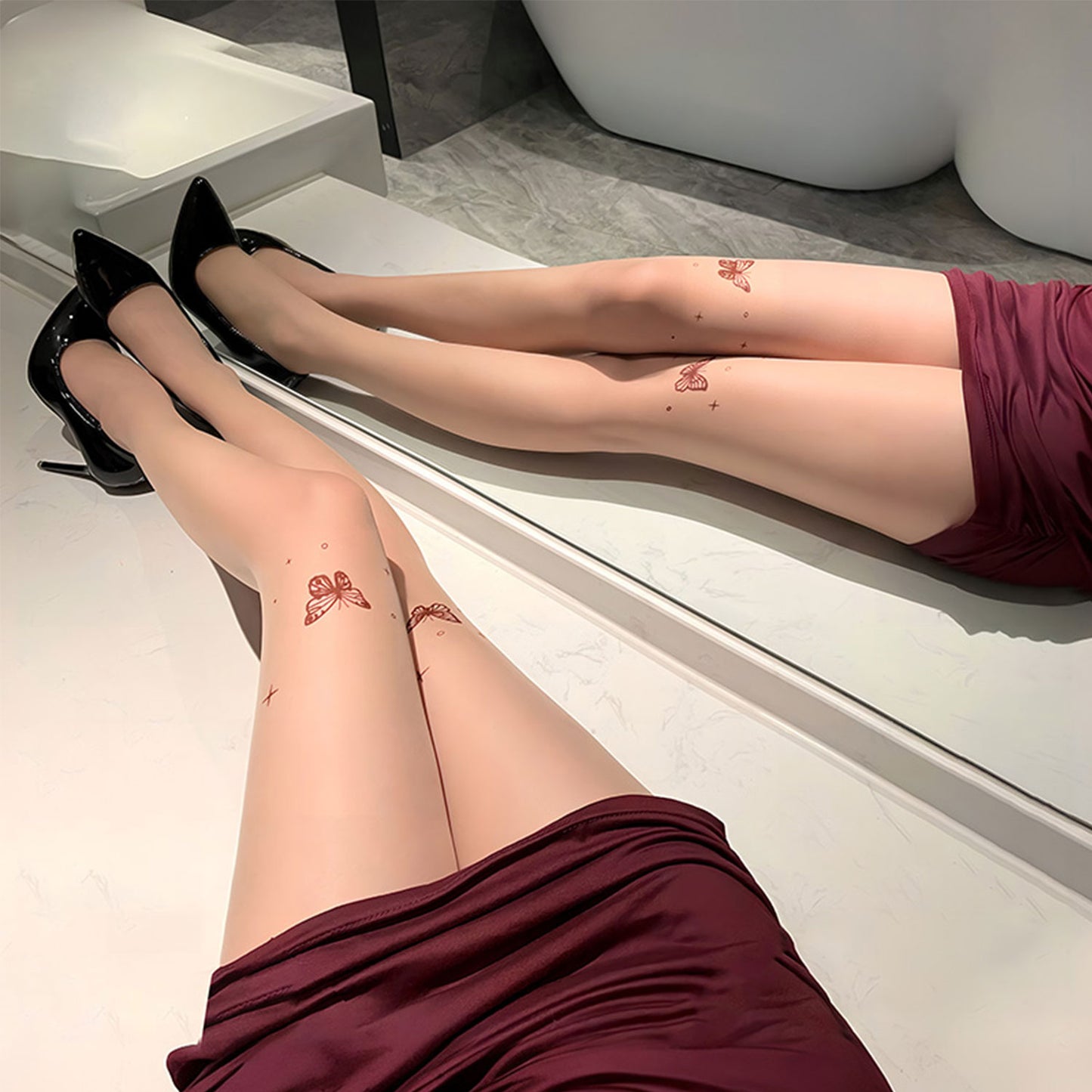 Fee Et Moi - Red Butterfly Print Stockings One Size