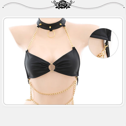 Fee Et Moi - Daring Black Leather Chain Lingerie Set One Size