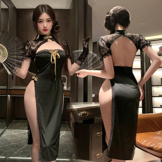 Fee Et Moi - Lace-Trim Open-Back Cheongsam Dress One Size