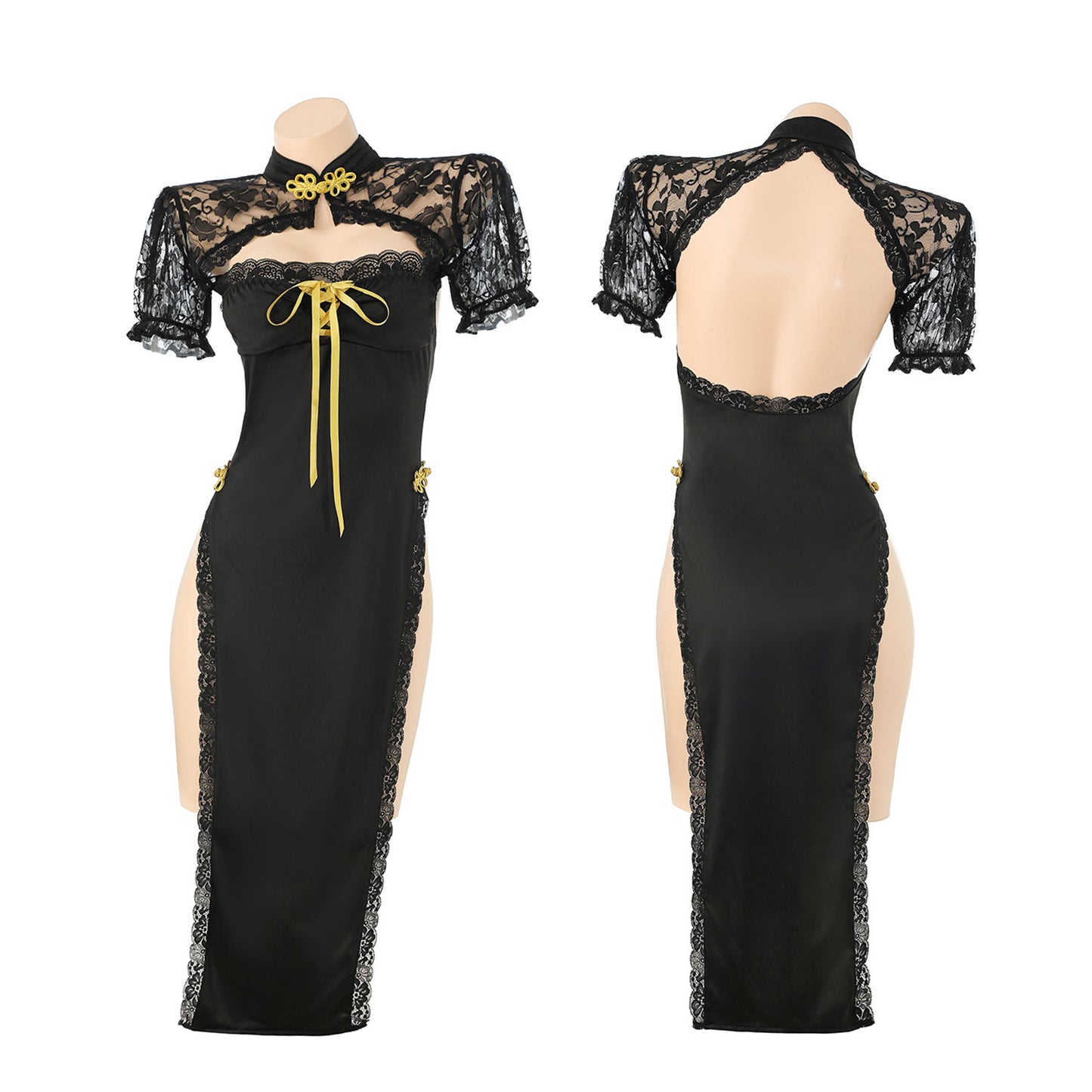 Fee Et Moi - Lace-Trim Open-Back Cheongsam Dress One Size