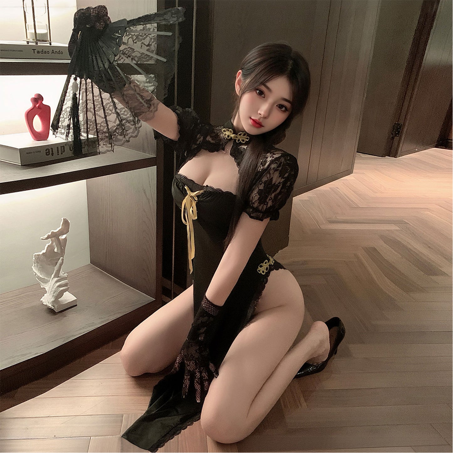 Fee Et Moi - Lace-Trim Open-Back Cheongsam Dress One Size