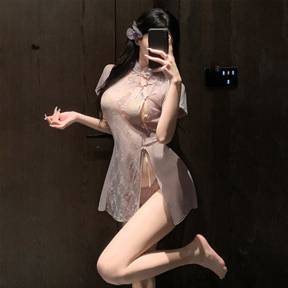 Fee Et Moi - Sheer Lace Backless Cheongsam Dress One Size