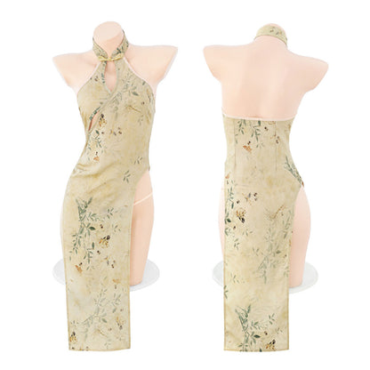 Fee Et Moi - Elegant Floral Halter Cheongsam Dress With High Slit