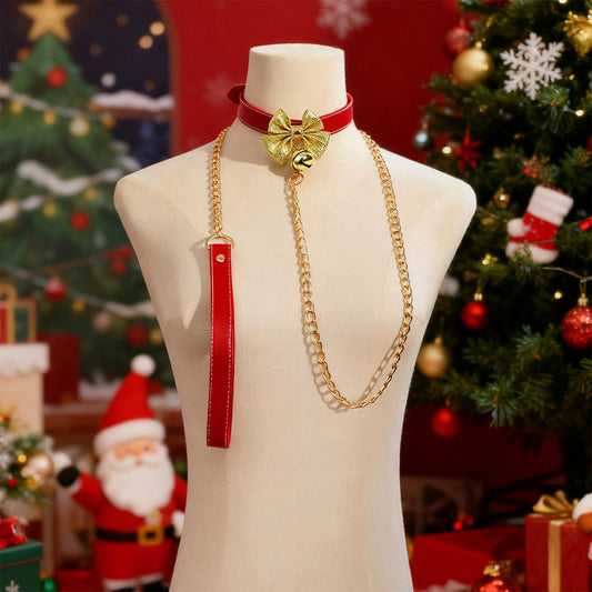 Fee Et Moi - Holiday Charm Red Collar & Gold Chain Leash Set