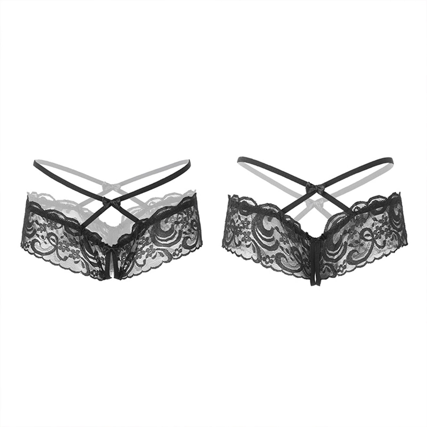 Fee Et Moi - Seductive Cross-Strap Lace Open-Crotch Panty Black