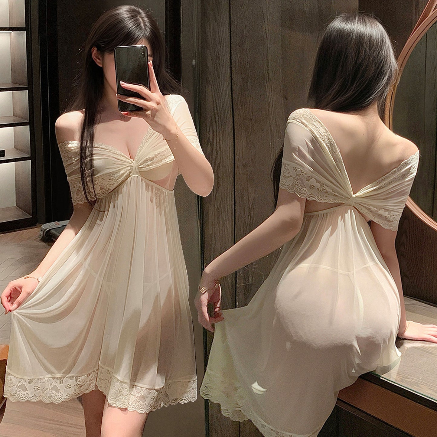 Fee Et Moi - Elegant Off-Shoulder Sheer Night Dress Cream White One Size