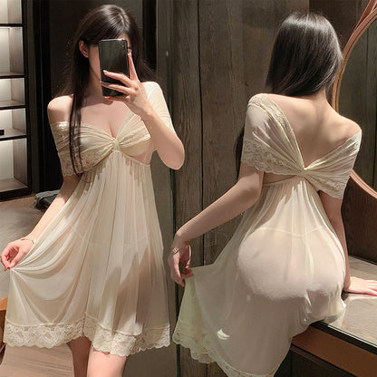 Fee Et Moi - Elegant Off-Shoulder Sheer Night Dress Cream White One Size