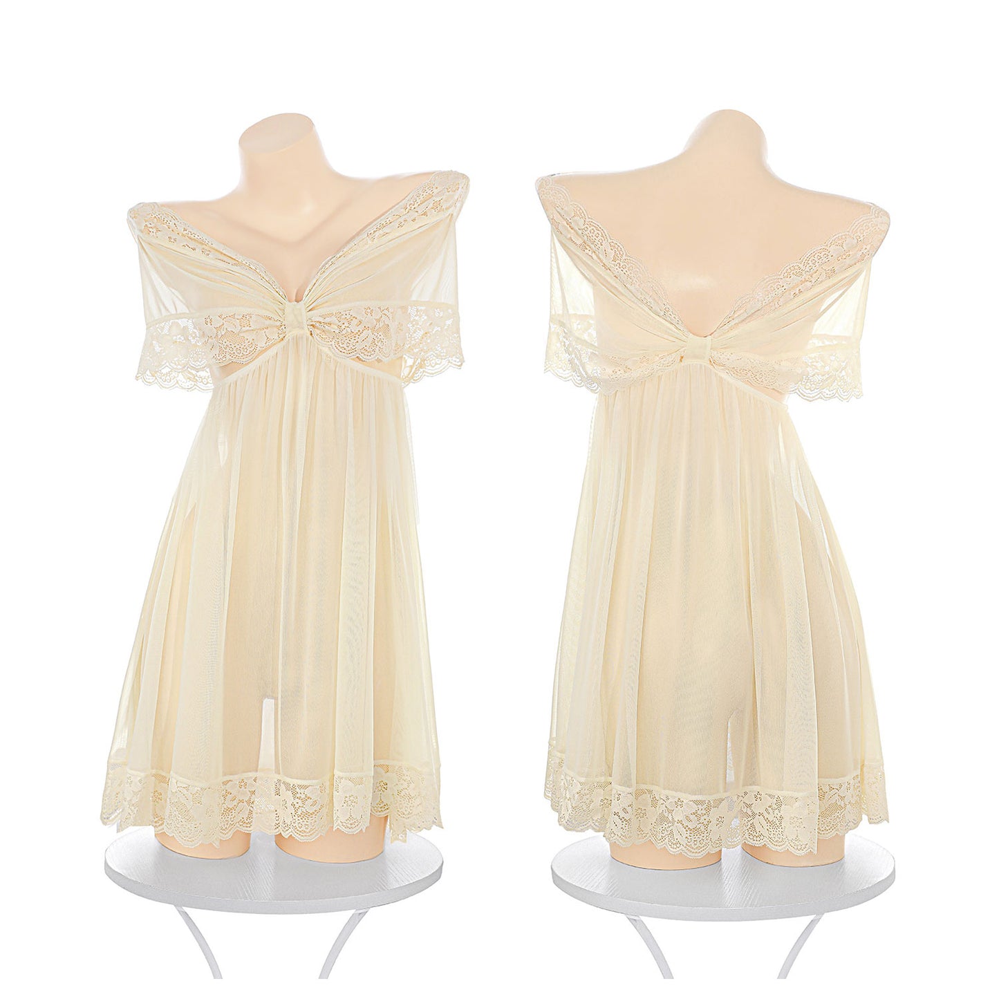 Fee Et Moi - Elegant Off-Shoulder Sheer Night Dress Cream White One Size