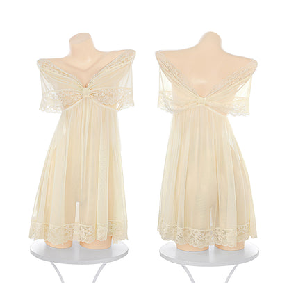 Fee Et Moi - Elegant Off-Shoulder Sheer Night Dress Cream White One Size