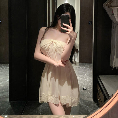 Fee Et Moi - Elegant Off-Shoulder Sheer Night Dress Cream White One Size