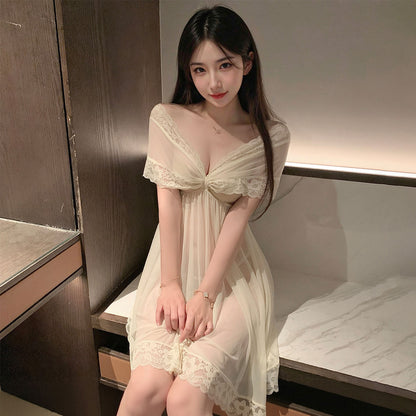 Fee Et Moi - Elegant Off-Shoulder Sheer Night Dress Cream White One Size