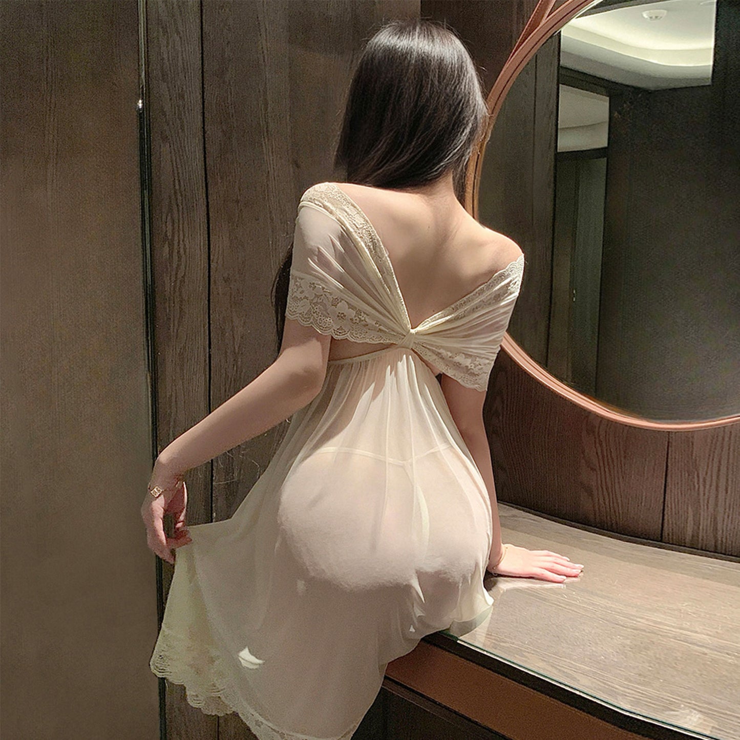 Fee Et Moi - Elegant Off-Shoulder Sheer Night Dress Cream White One Size