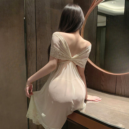 Fee Et Moi - Elegant Off-Shoulder Sheer Night Dress Cream White One Size