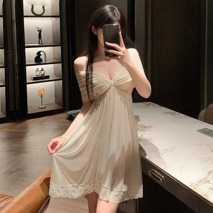 Fee Et Moi - Elegant Off-Shoulder Sheer Night Dress Cream White One Size