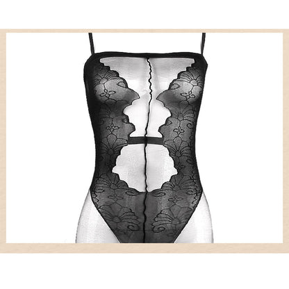 Fee Et Moi - Enchanted Floral Lace Sheer Mesh Crotchless High-Cut Bodysuit Black