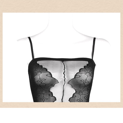 Fee Et Moi - Enchanted Floral Lace Sheer Mesh Crotchless High-Cut Bodysuit Black