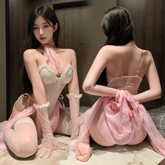 Fee Et Moi - Lace Corset Sheer Drape Lingerie Dress with Scarf