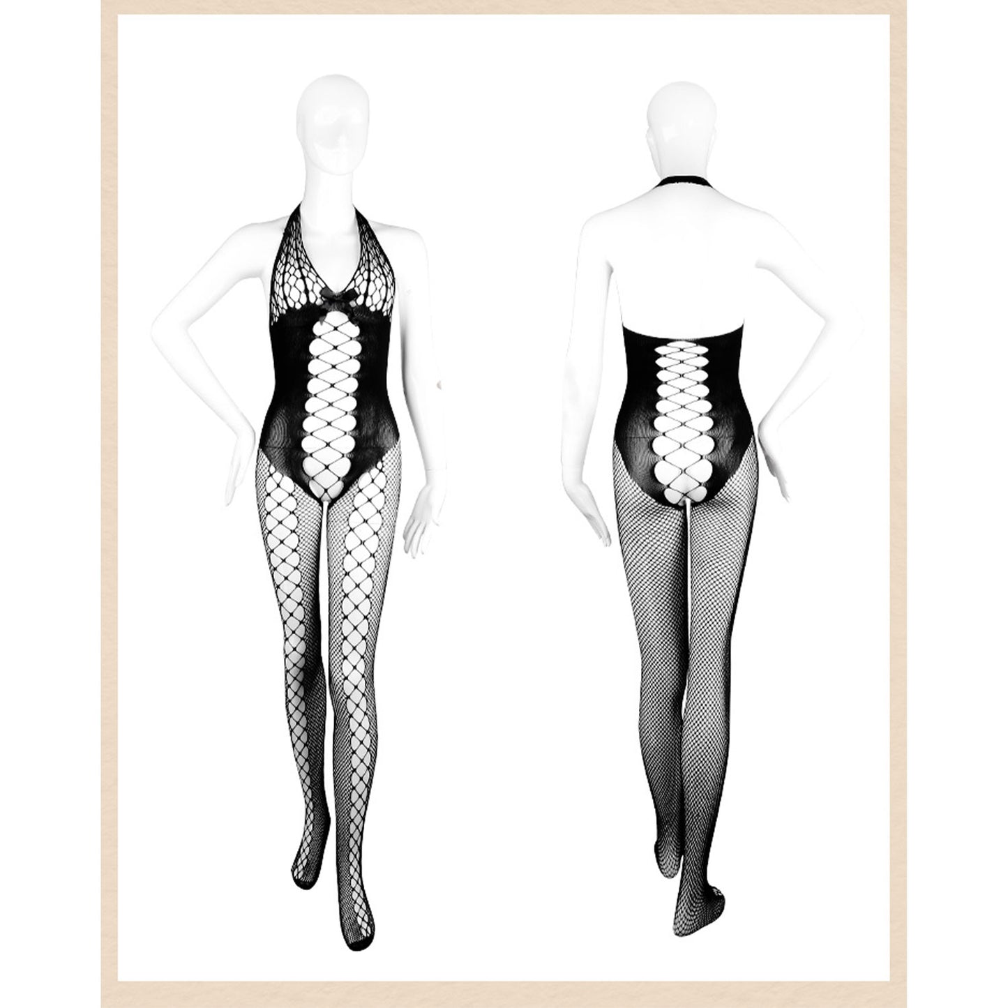 Fee Et Moi -  Fishnet Teasing Hollow Halter Mesh Crotchless Bodysuit Black