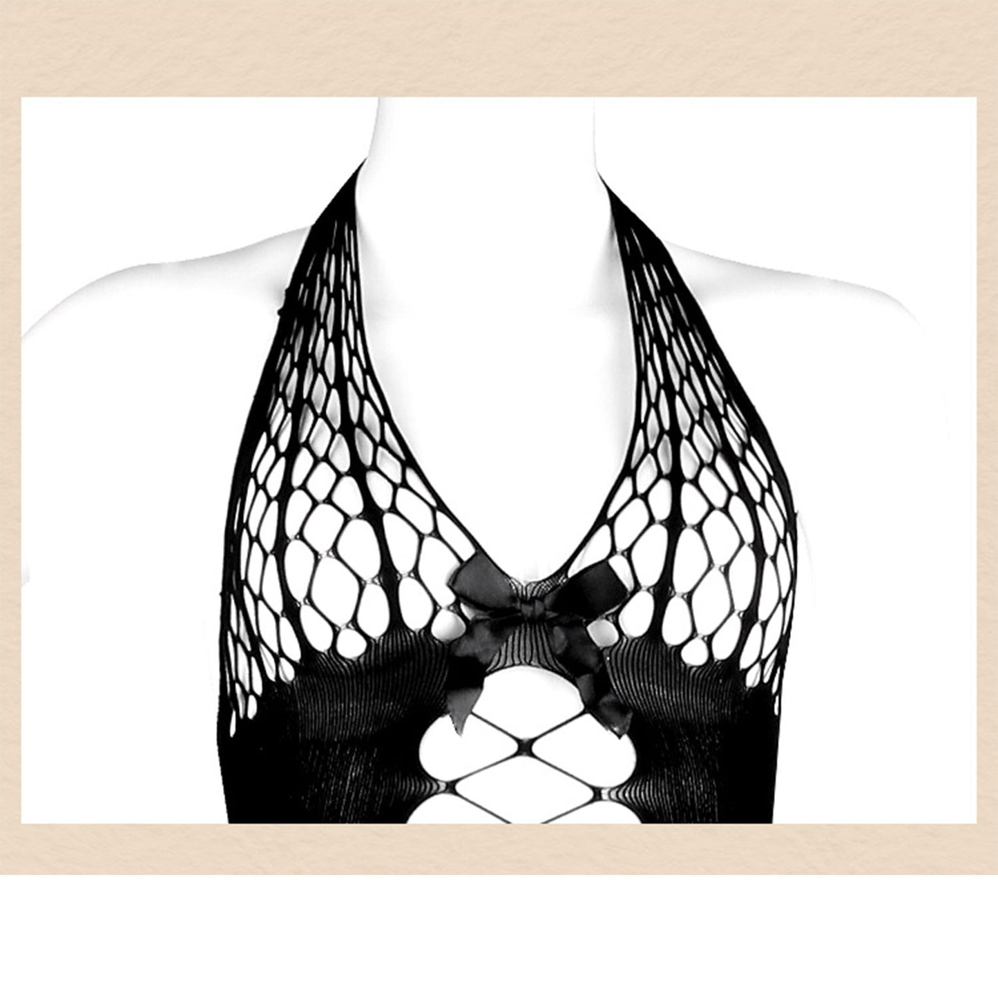 Fee Et Moi -  Fishnet Teasing Hollow Halter Mesh Crotchless Bodysuit Black