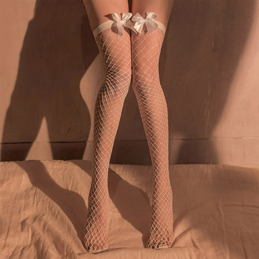 Fee Et Moi - Flirtatious Fishnet Stockings with Satin Bow Accent White