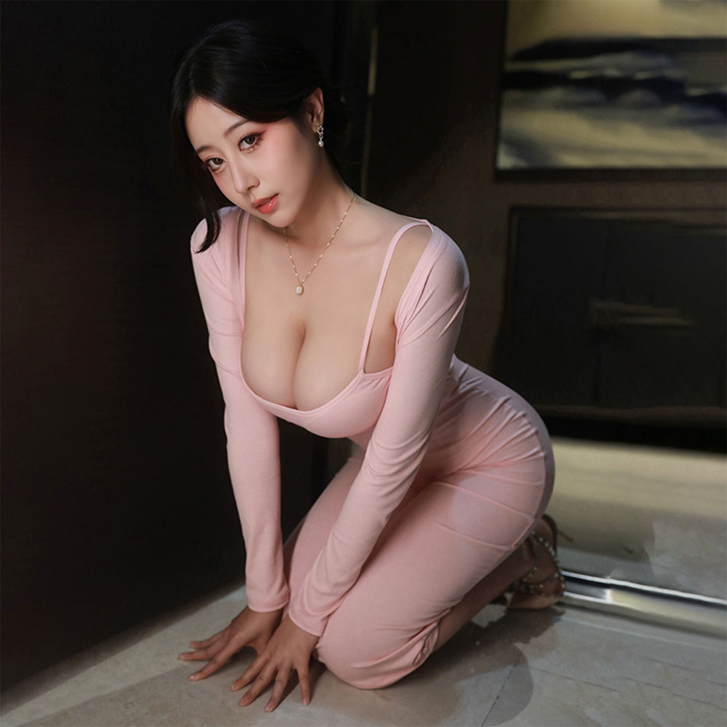 Fee Et Moi - Bodycon Lingerie Dress with Cardigan Pink