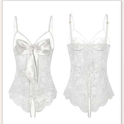 Fee Et Moi - Sensual Floral Lace Crotchless Bodysuit White XL