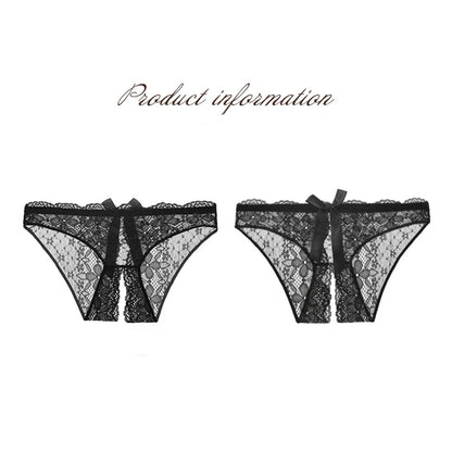 Fee Et Moi - Floral Lace Open Crotch Sexy Panty with Bow Accent Black