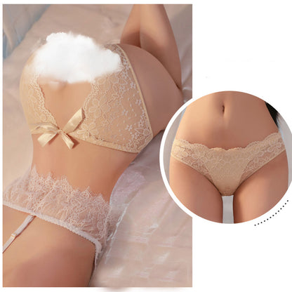 Fee Et Moi - Floral Lace Open Crotch Sexy Panty with Bow Accent Skintone