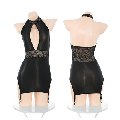 Fee Et Moi - Lace Halter Deep V Garter Bodysuit Black One Size