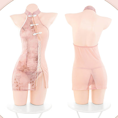 Fee Et Moi - Classy Halter Sheer Cheongsam Lingerie Set Pink